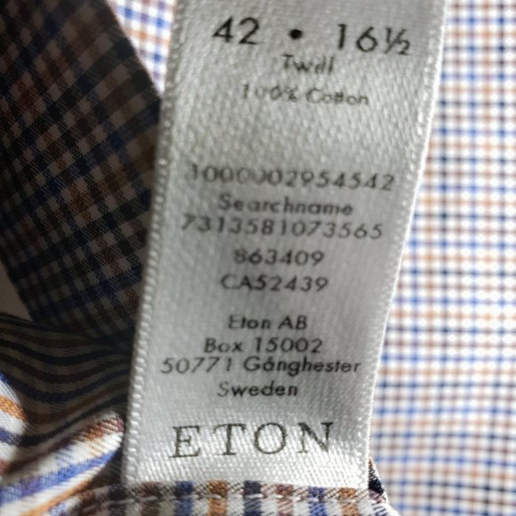 ETON Of Sweden, NWOT,  Multi colored check, Size 16.5/42 Contemporary Fit - Picture 9 of 9